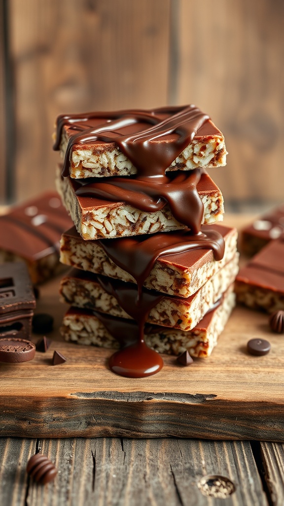 Delicious chocolate sweet rice treats stacked with a drizzle of chocolate on top.