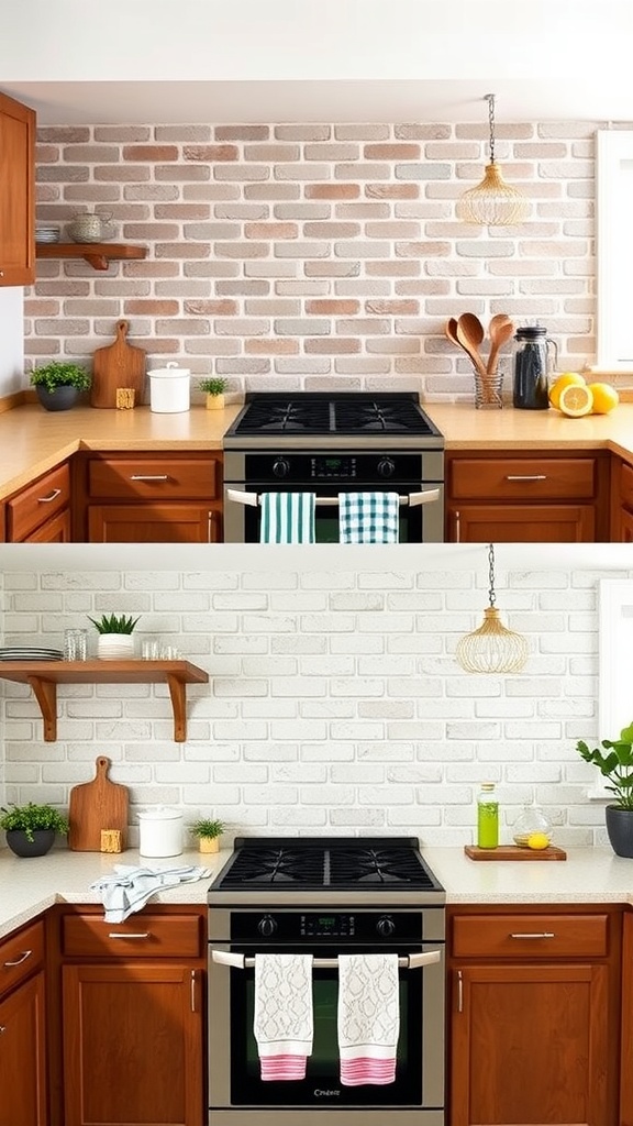 A comparison of two kitchen backsplash styles: natural brick and painted brick.