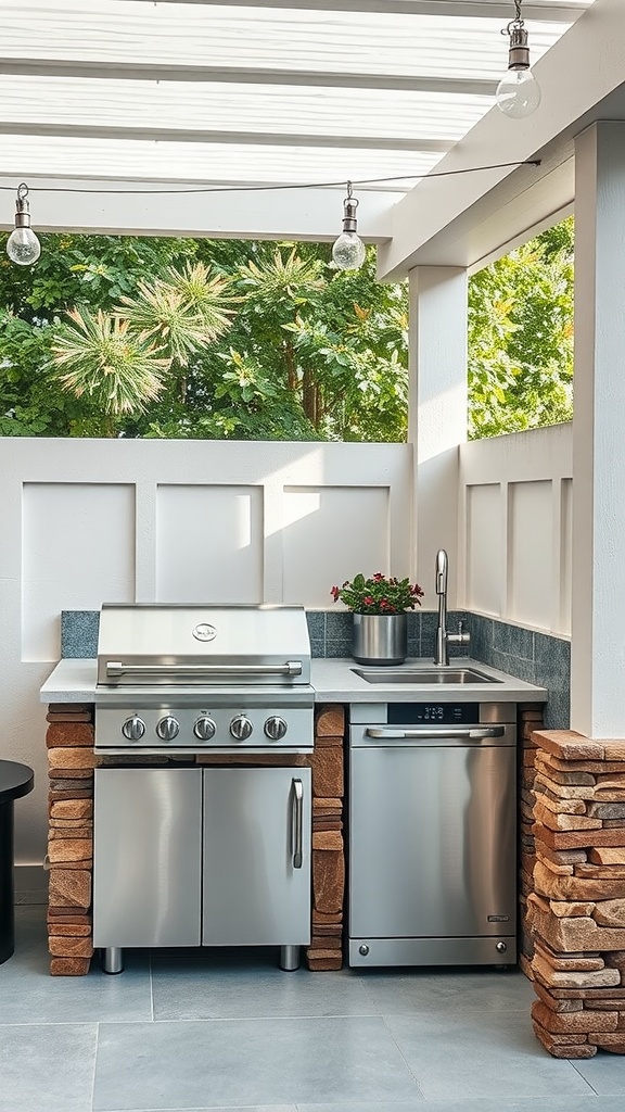 A modern outdoor kitchen with a stainless steel grill, stone cabinetry, and hanging lights.