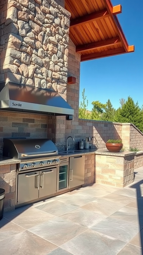 Outdoor kitchen featuring stone wall and stainless steel grill