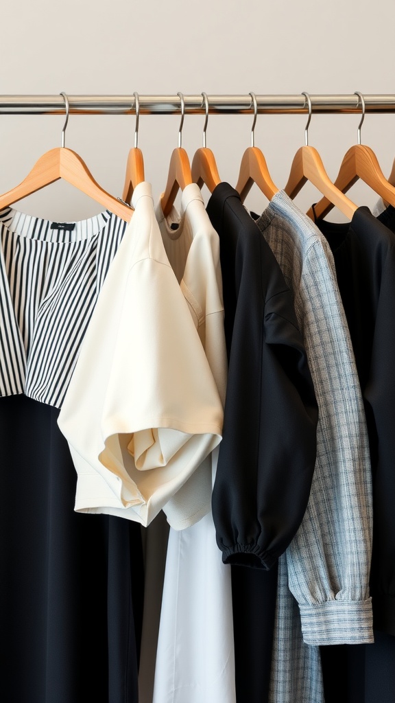 A collection of business casual tops displayed on hangers, showcasing various fabrics and styles.