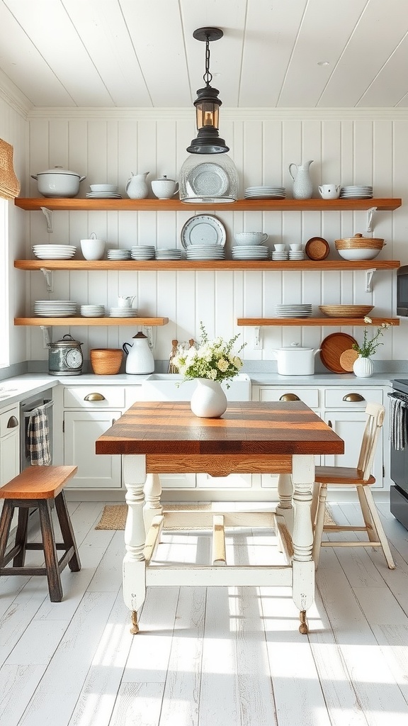 A bright farmhouse kitchen featuring rustic wood accents, including shelves and a table, with dishware displayed.