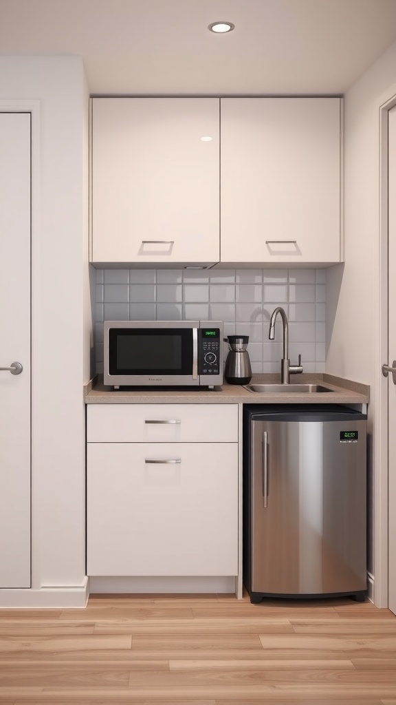 Compact kitchen featuring a microwave, coffee maker, sink, and mini refrigerator.