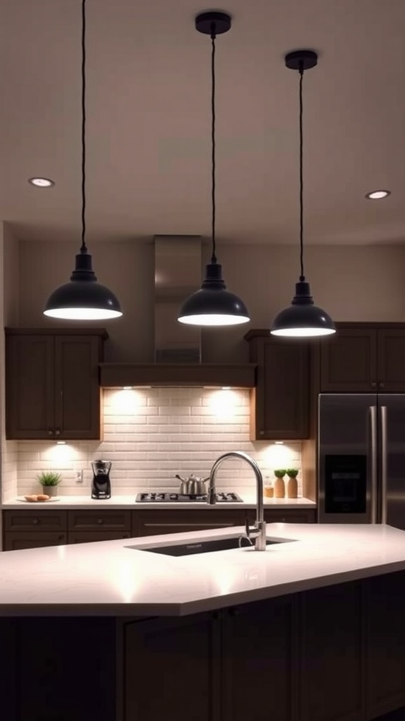 Three black pendant lights hanging above a kitchen island with a white countertop.