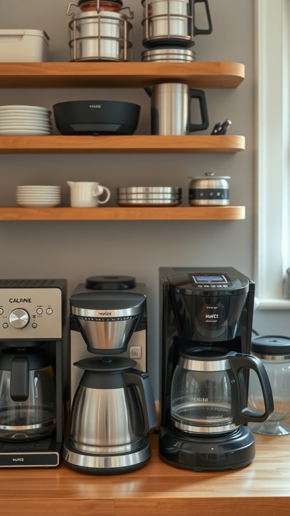 A variety of coffee makers on a kitchen shelf, showcasing different styles and functionalities.