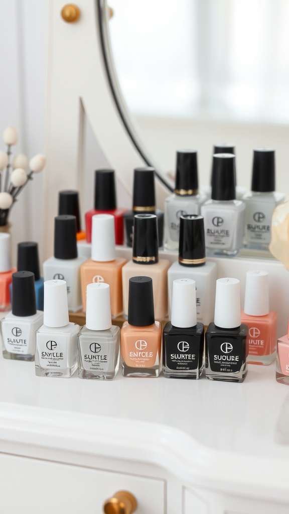 A collection of various nail polish bottles arranged on a vanity, showcasing different shades of nude and pastel colors.