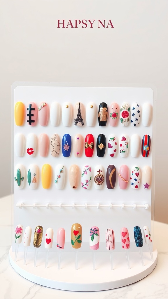 A display of various acrylic nail designs in different shapes and colors.