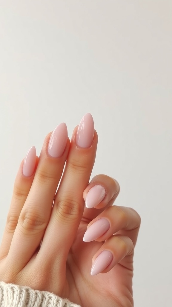 A hand showing almond-shaped nails painted in a soft pink color.