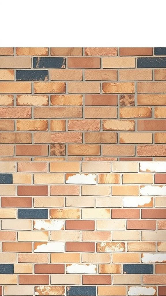 Brick backsplash in a farmhouse kitchen, featuring a mix of earthy tones.