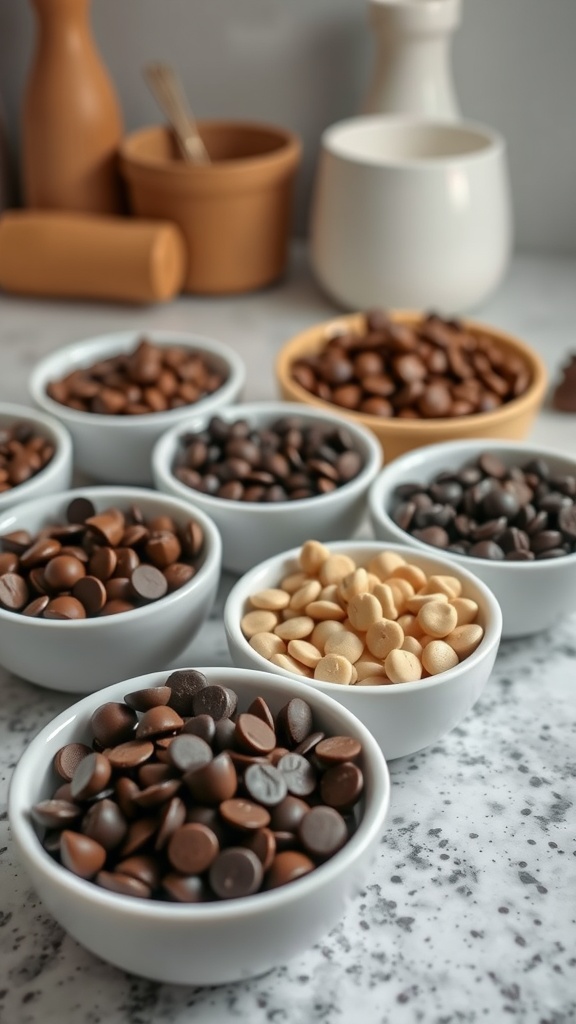 Various types of chocolate chips in bowls on a counter
