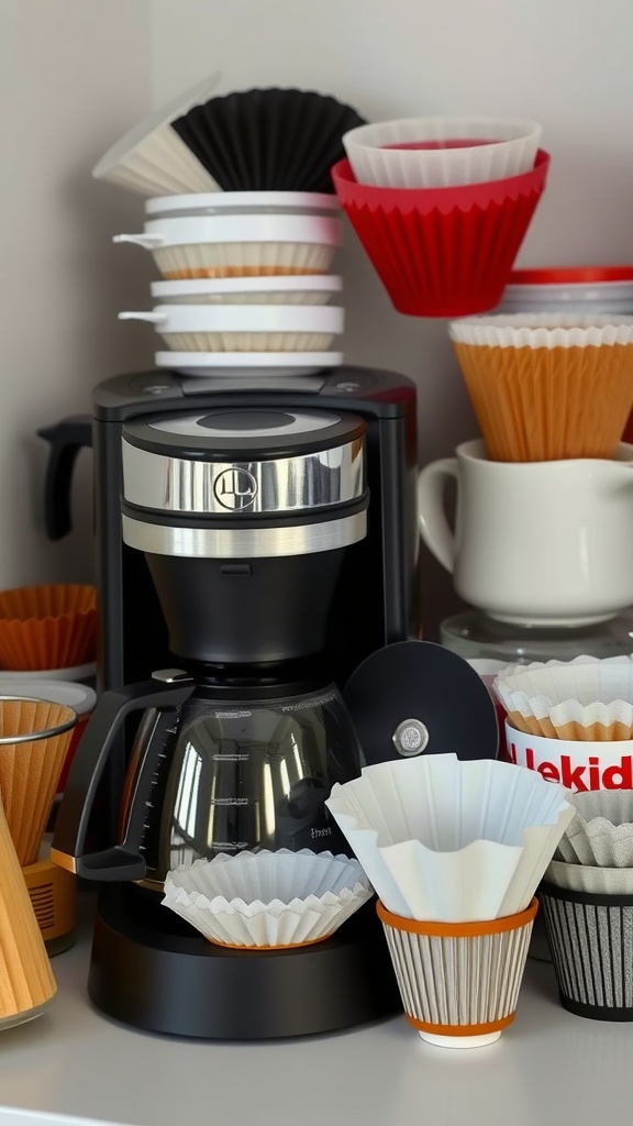 Variety of coffee filters near a coffee maker in a kitchen.
