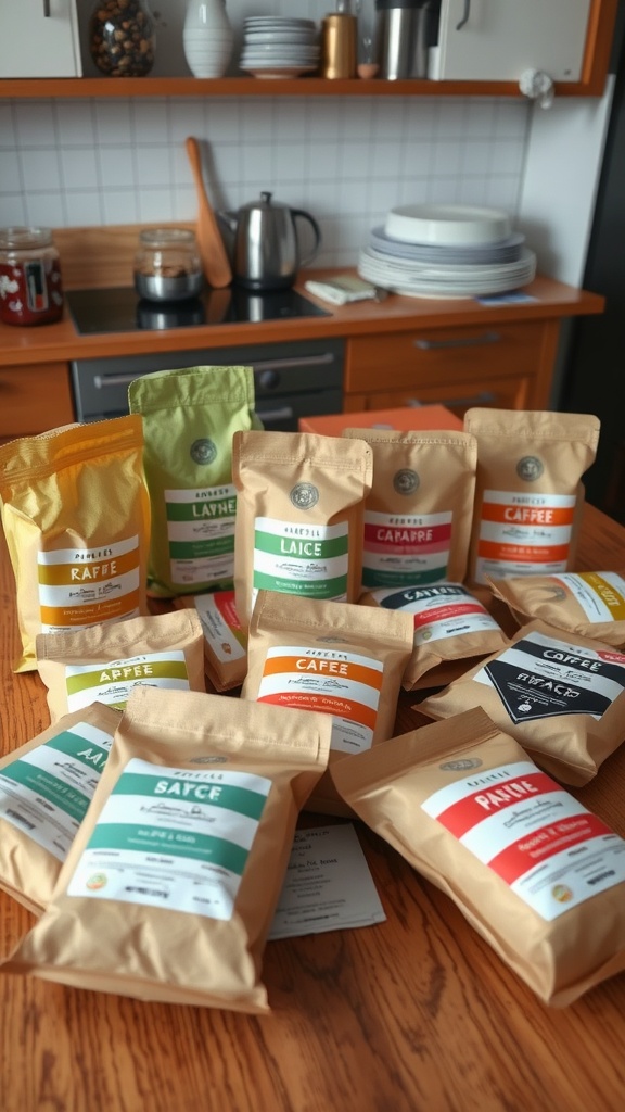 A variety of coffee bags displayed on a kitchen table, showcasing different flavors and blends.