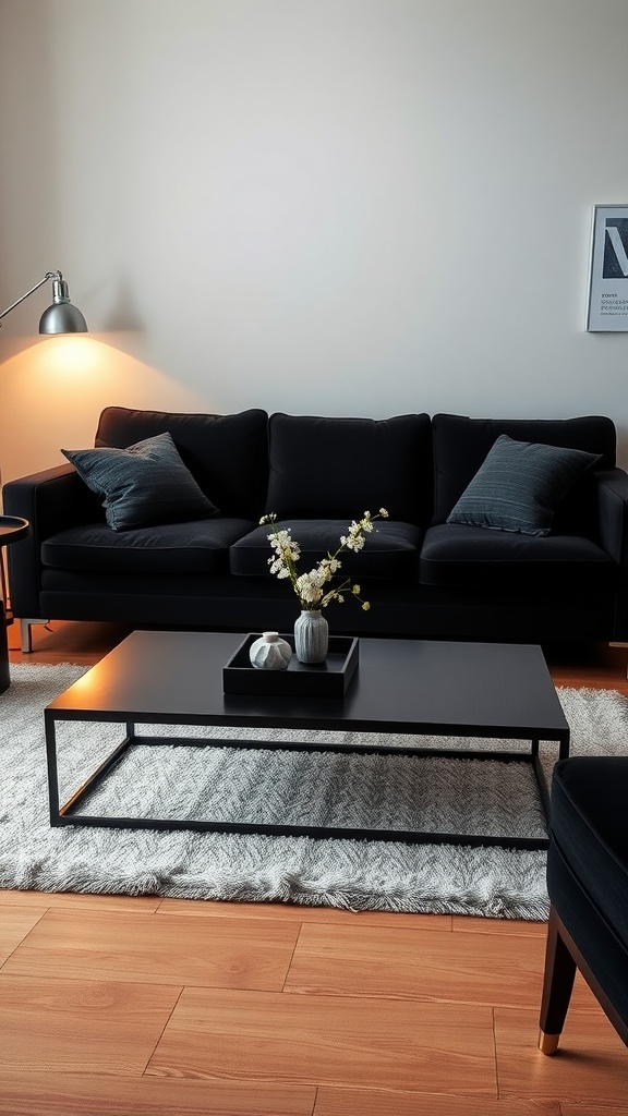 A living room featuring a black couch and a sleek coffee table with a decorative centerpiece.