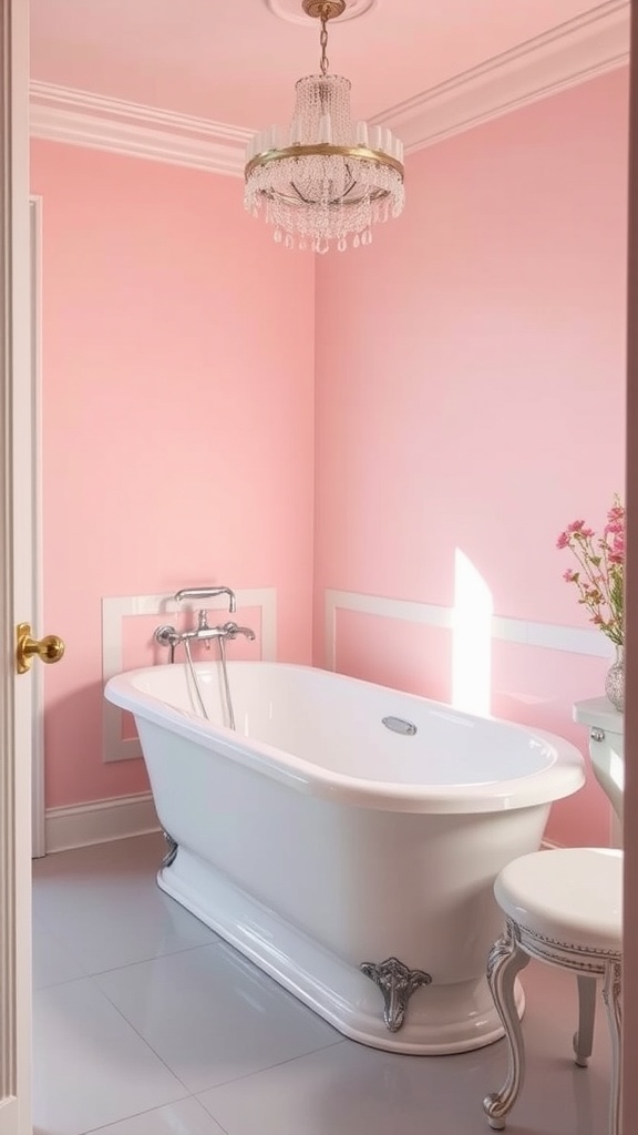A stylish bathroom with a pink color scheme, featuring a white tub and an elegant chandelier.