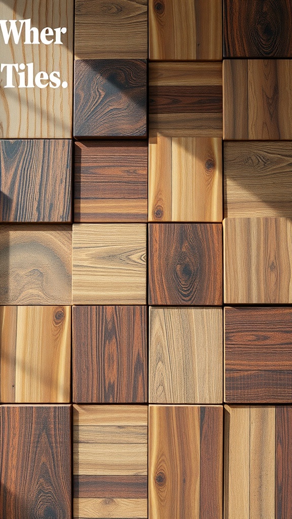 An arrangement of wood-look tiles in various shades and textures.