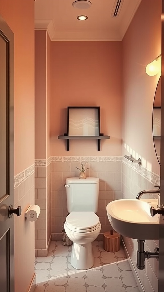 A cozy small bathroom featuring peach walls, beige tiles, and stylish decor