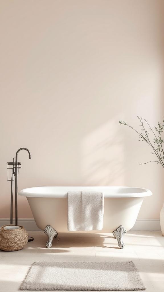 A clawfoot tub in a bathroom with soft pink walls and natural accents.