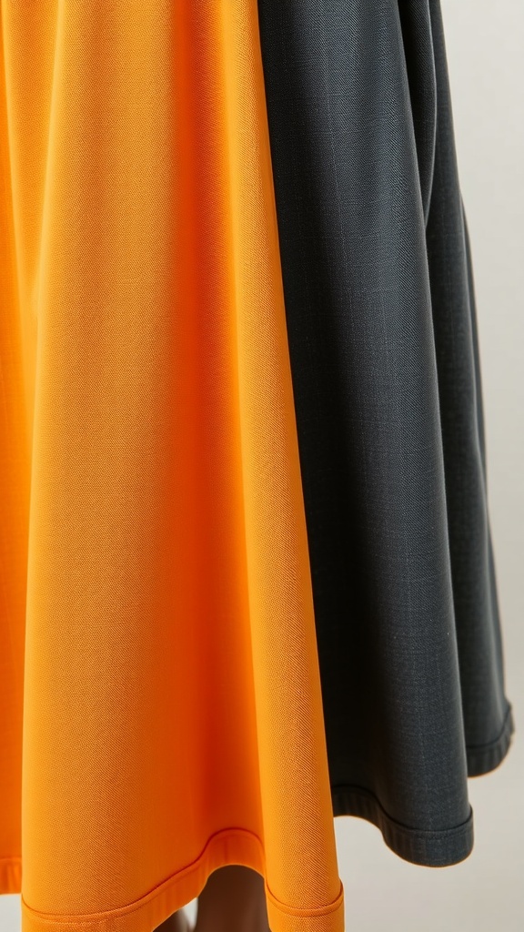 A close-up of an A-line skirt featuring orange and black fabric.