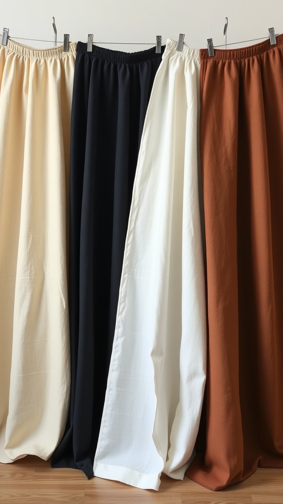A display of four maxi skirts in different colors: cream, black, white, and rust, hanging on clips.