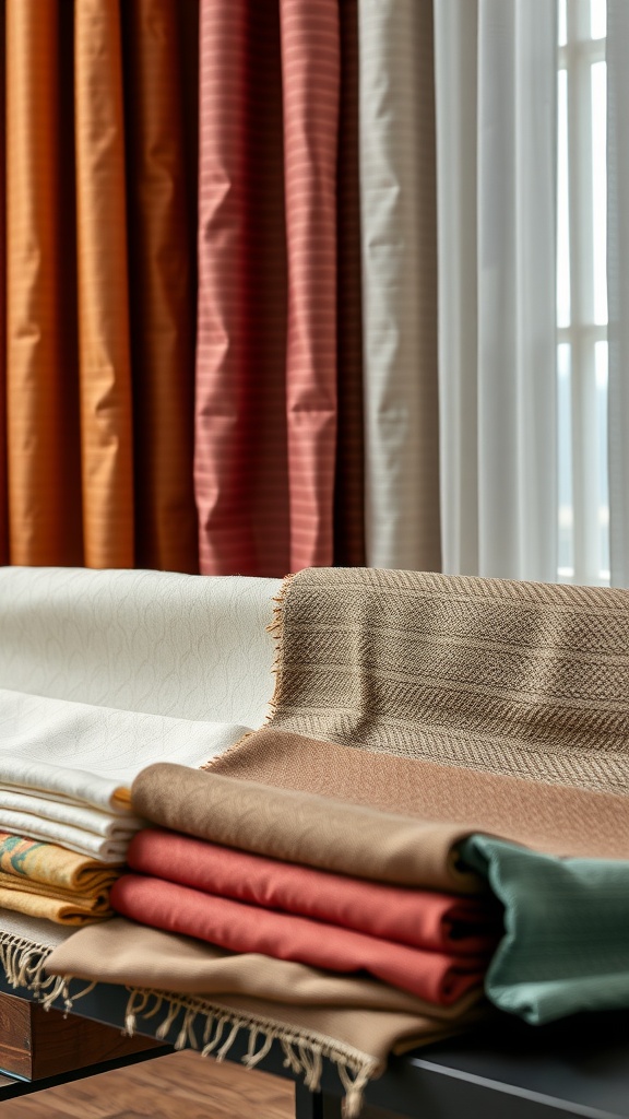 A variety of curtain fabrics in different colors and patterns displayed on a rack.