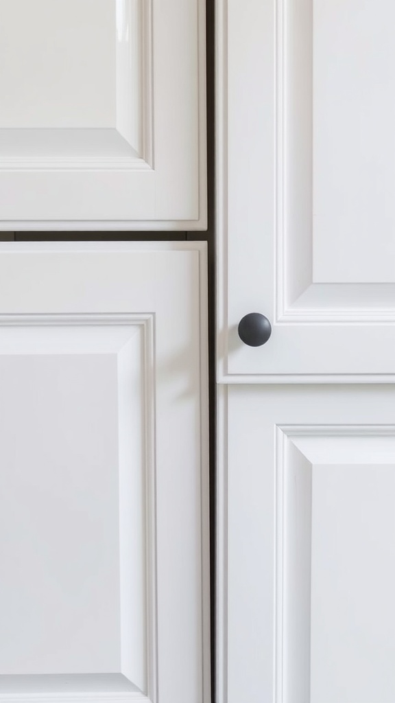 Close-up of white kitchen cabinets with a black knob