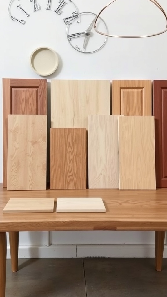 Variety of wood samples showing different finishes for kitchen cabinets on a table