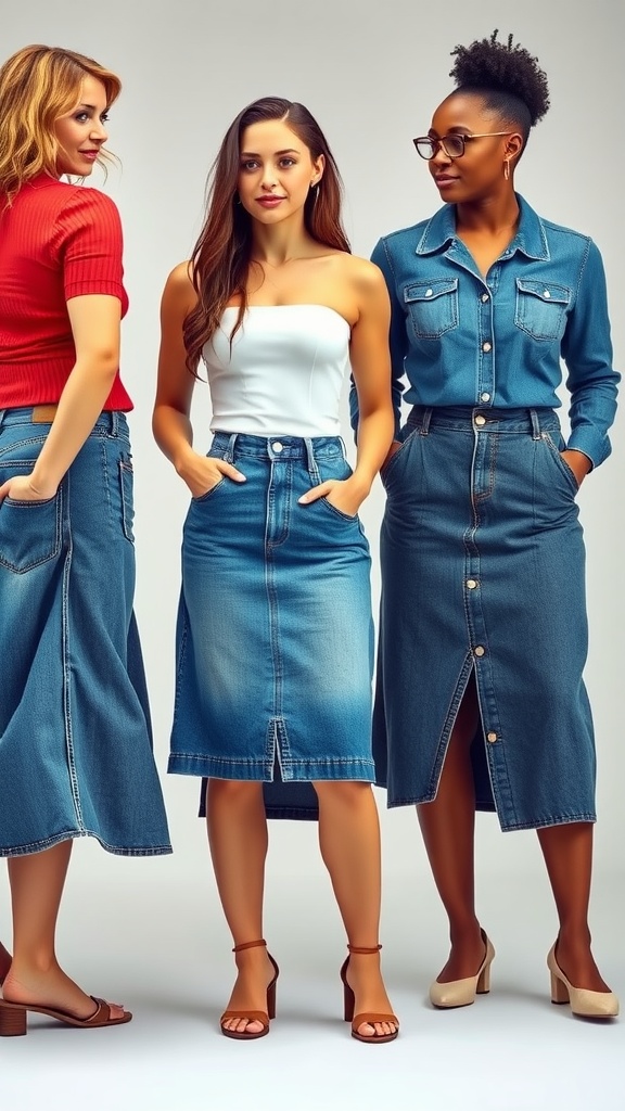 Three women wearing different styles of denim maxi skirts, showcasing various fits.