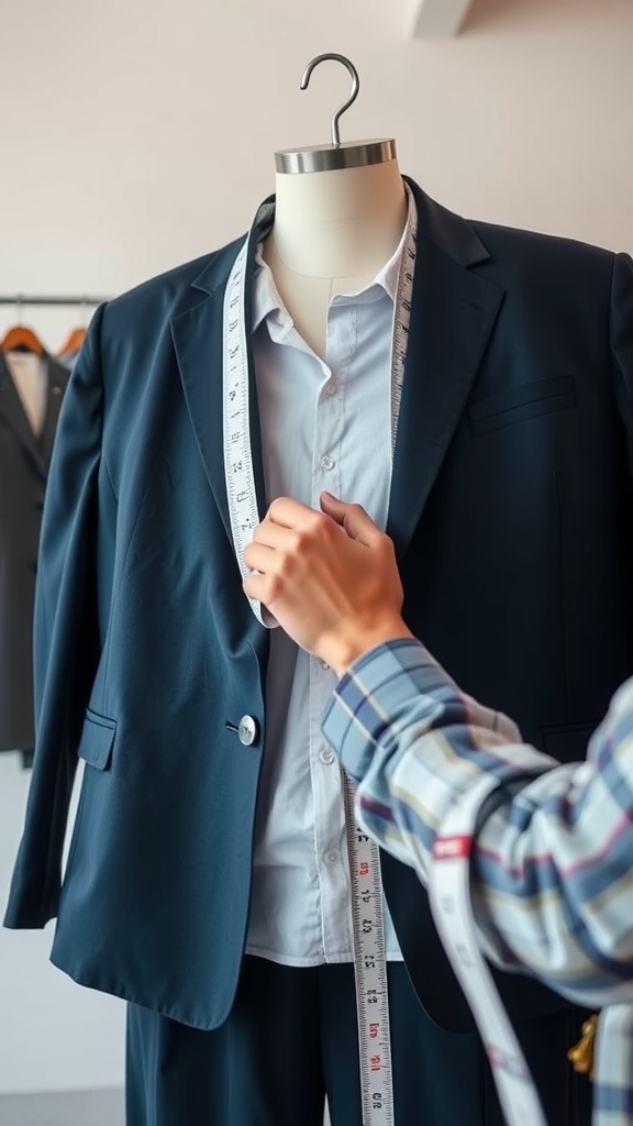 A tailor measuring a navy blazer on a mannequin, emphasizing the importance of fit.