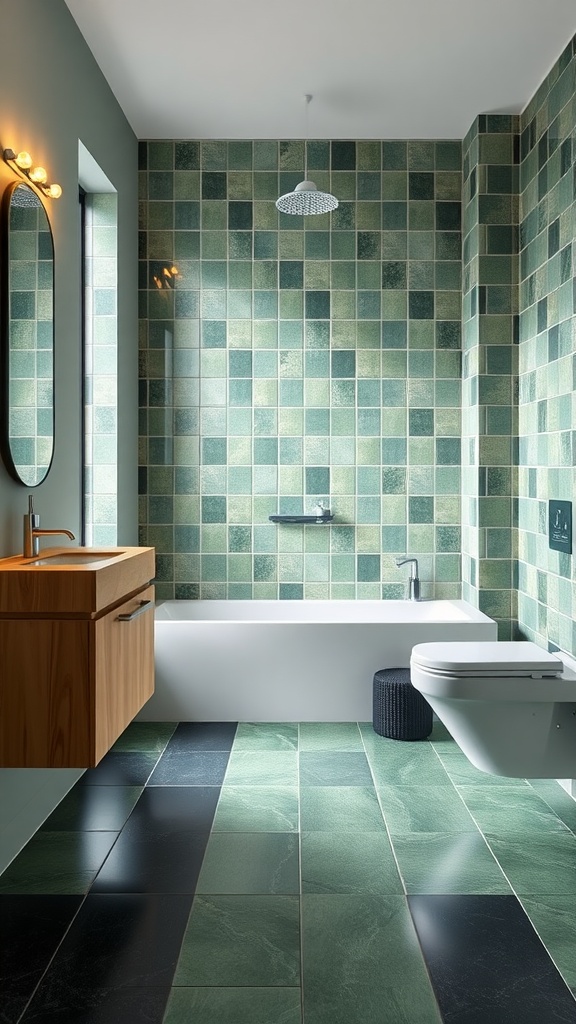 A modern bathroom featuring green square tiles on the walls, black and green tiles on the floor, a white bathtub, and wooden vanity.