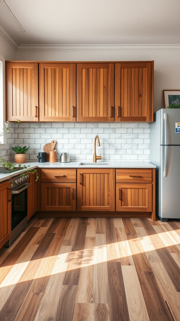 A bright kitchen featuring brown cabinets, a gray backsplash, and wooden flooring