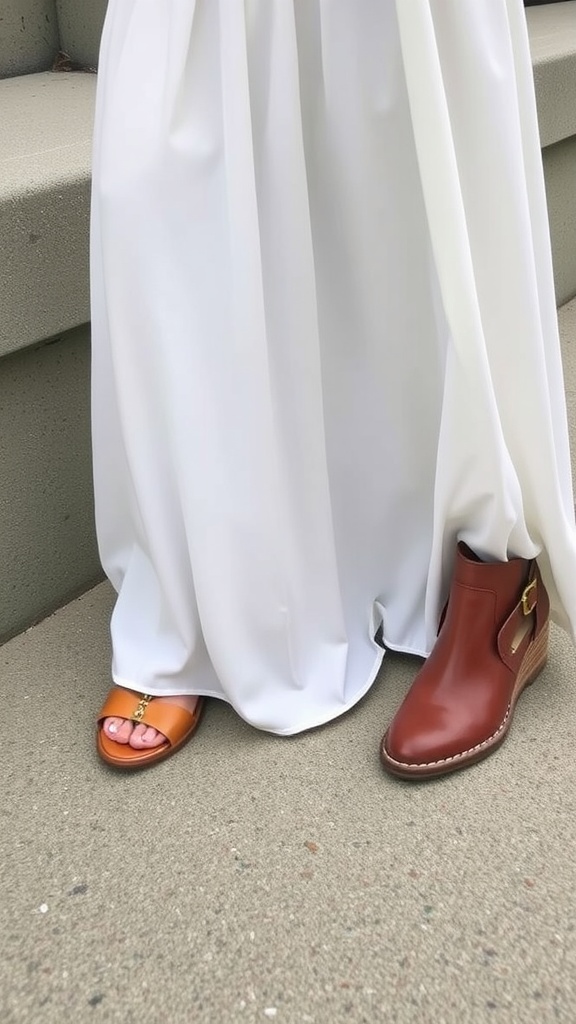 Footwear options for a white maxi skirt: an orange slide and a brown ankle boot.