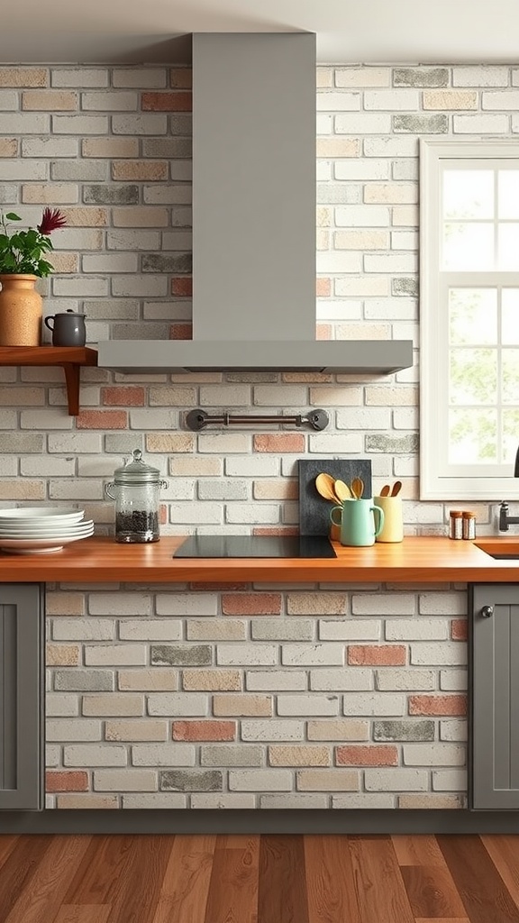 A farmhouse kitchen with a brick backsplash and a neutral color palette.