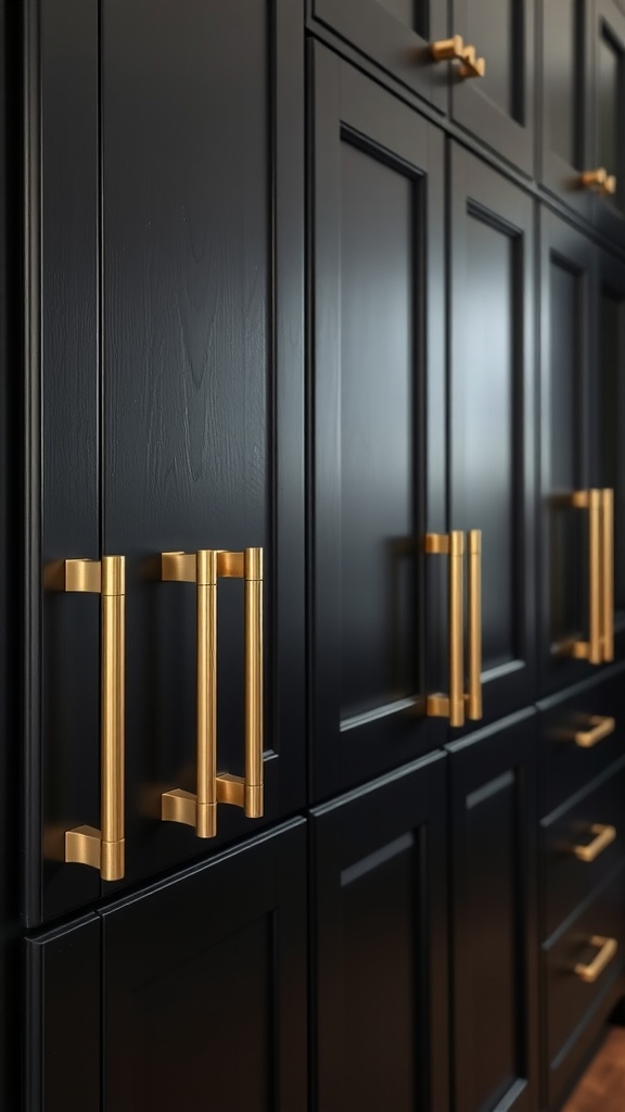 Close-up of black kitchen cabinets with gold handles.