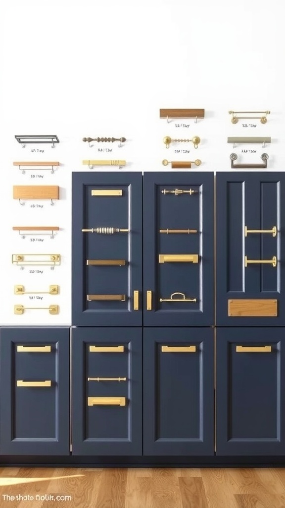 A selection of hardware options on navy blue kitchen cabinets.