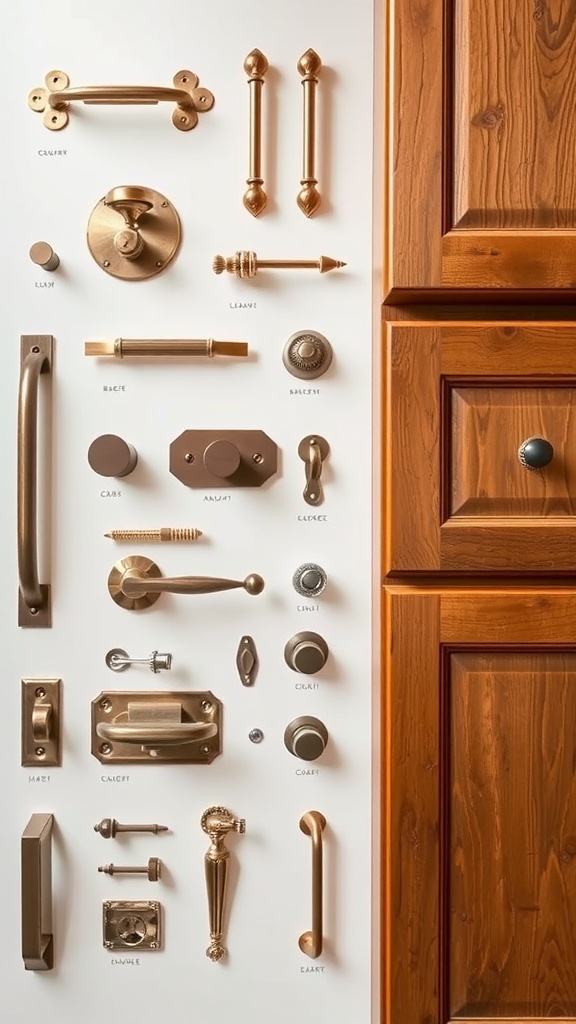 A display of various hardware options for wood kitchen cabinets, showing different styles and finishes.
