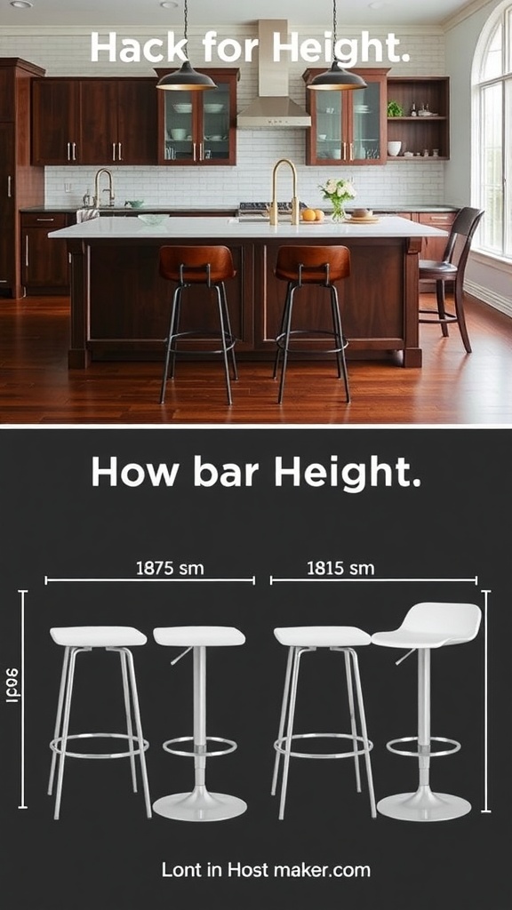 Modern kitchen with two bar stools at an island, showing height options for stools.