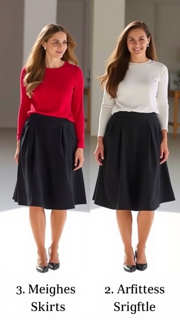 Two models wearing A-line skirts in different lengths; one knee-length and one above the knee.