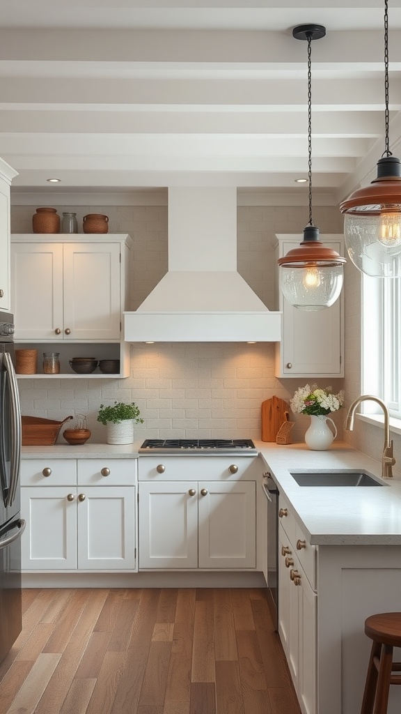 A bright white farmhouse kitchen featuring pendant lights over the countertop and under-cabinet lighting.