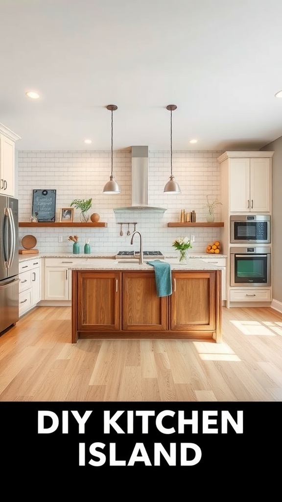 A modern kitchen featuring a stylish DIY kitchen island with pendant lights and wooden accents.