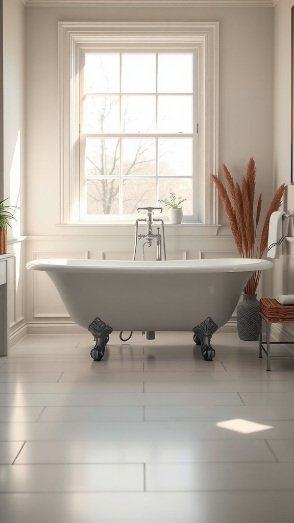 A bright bathroom featuring a clawfoot tub, a large window, and decorative plants.