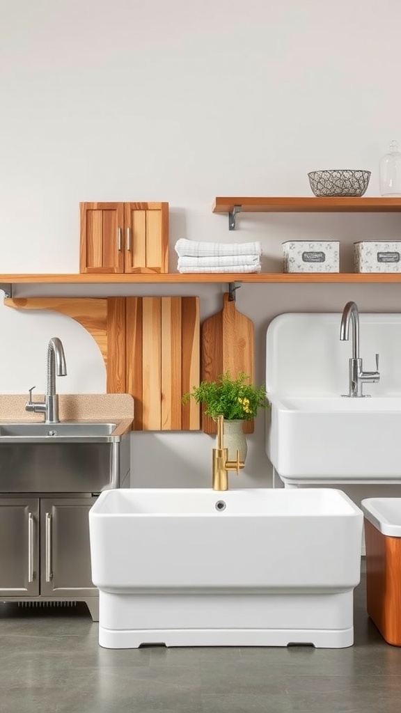 A modern farmhouse kitchen sink setup with wooden shelves and various sink materials.
