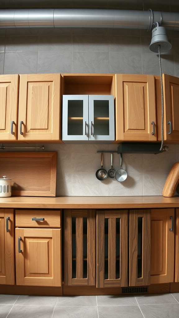 A kitchen with wooden cabinets featuring a mix of light and dark wood.