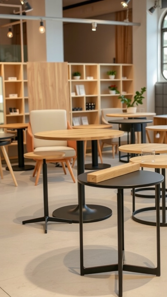 Different styles of small kitchen tables made from wood, metal, and glass.