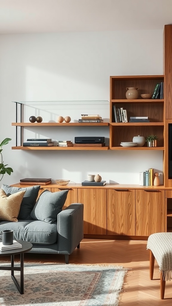 Stylish living room with built-in shelves made of natural wood, displaying books and decorative items