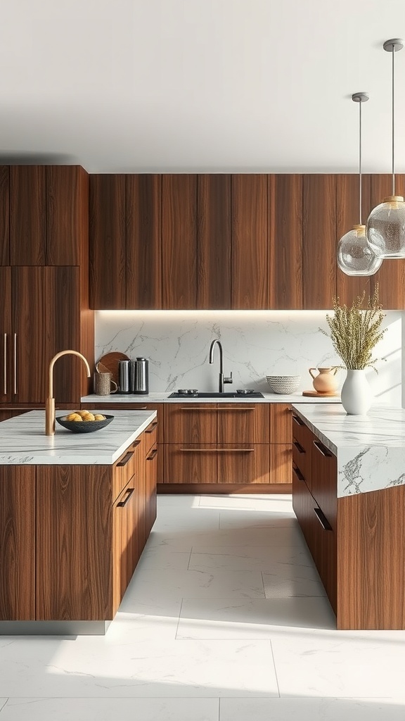 A modern kitchen with double islands featuring wood cabinets and marble countertops.