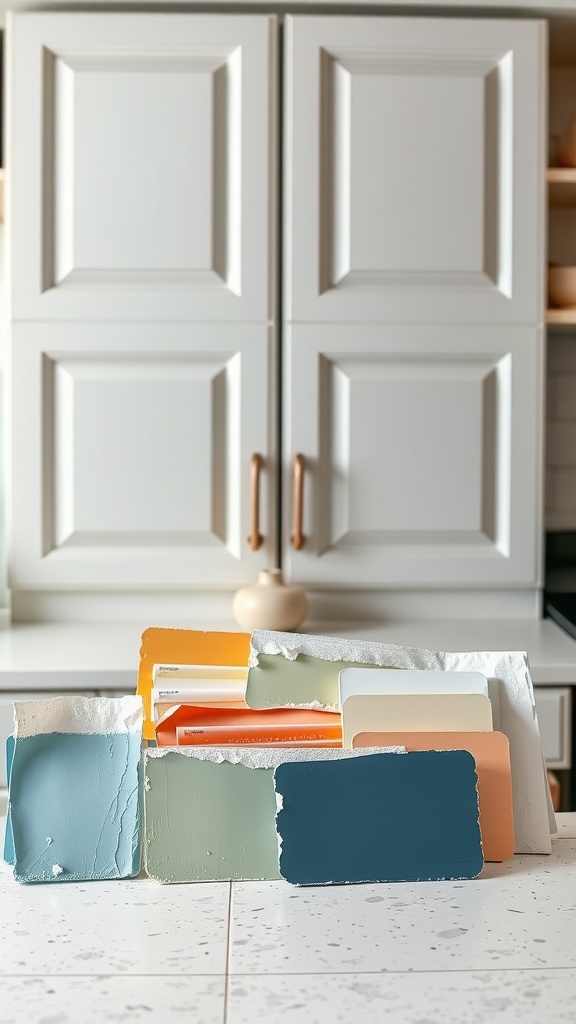 A variety of paint swatches for kitchen cabinets arranged on a countertop, with light-colored cabinets in the background.