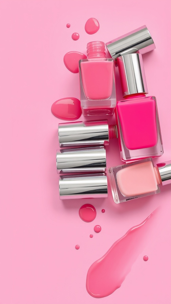 An assortment of pink nail polish bottles on a pink background.
