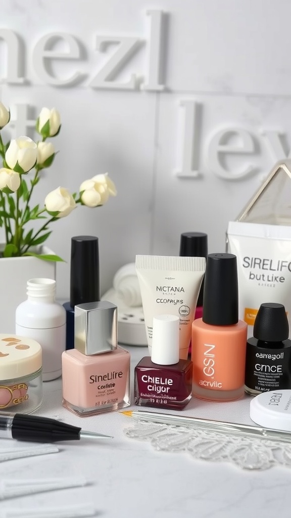 A variety of nail products including acrylic liquid, powders, nail polishes, and tools for nail care.