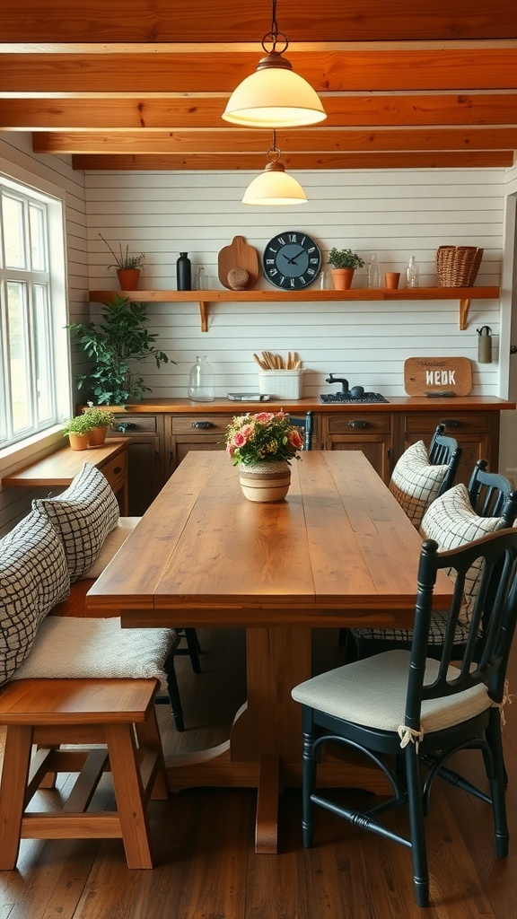 A cozy farmhouse kitchen table with wooden surfaces and mixed seating options including a cushioned bench and a black chair.
