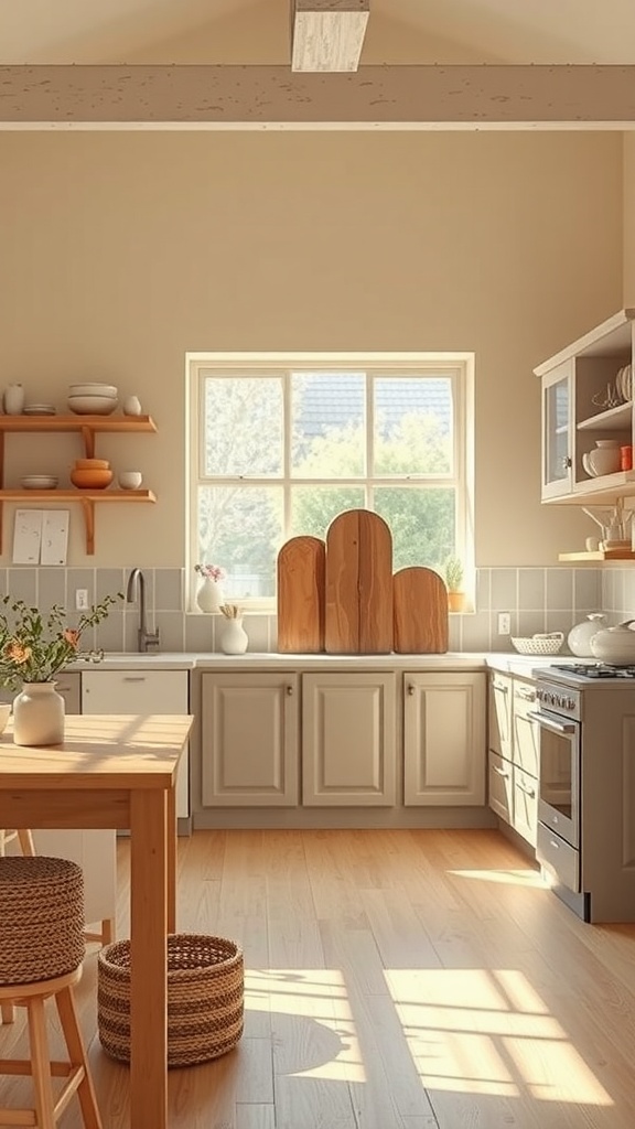 A cozy kitchen featuring beige cabinets, wooden accents, and natural light.